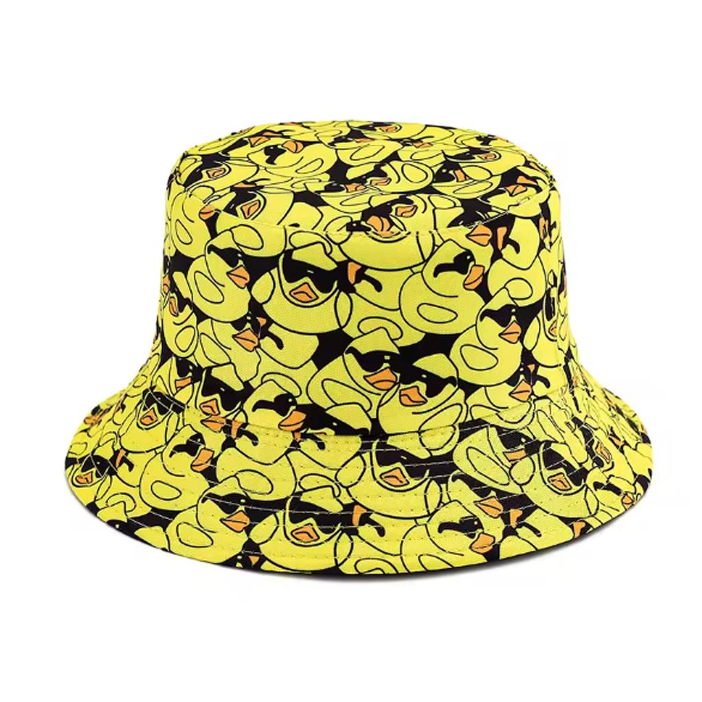1PC Fashionable Full-Print Duck Casual Bucket Hat Cartoon Print Pattern Bucket Hat Reversible Foldable Lightweight Flat-Top Hat