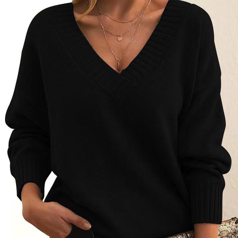 European & American Style Women's Loose V-Neck Knitted Pullover Sweater