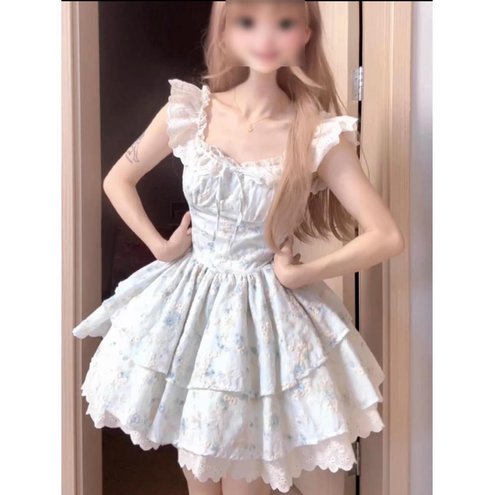 

Розовое цветочное платье с маленькими рукавами-крылышками, нежное и милое, красивое и уникальное А-силуэтное пышное платье с акцентом на талии XL- (recommended 110-60kg) синий