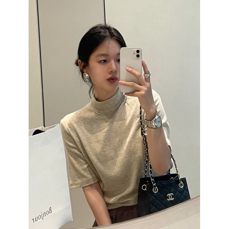 Kumikumi Basic Model French style Half-high Collar Half Sleeve T-shirt Women clothes Autumn Slimming Versatile Solid Inner wear Top