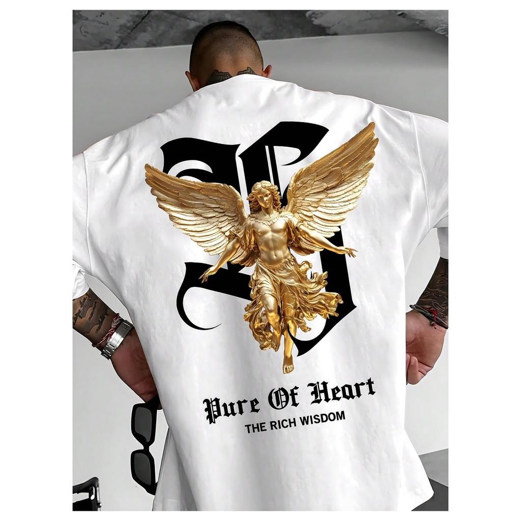 Men's Gothic "Pure Of Heart" Angel Graphic Tee, Retro Streetwear Oversized T-Shirt with Front & Back Print