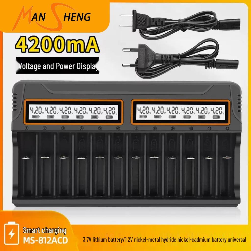 12-Slot Smart Charger for 18650, AA, AAA 3.7V Lithium Batteries with Universal Display