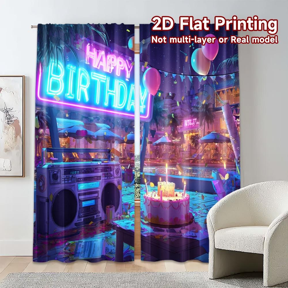 2pcs, 2D FLAT PRINTING Curtains (Without Rod) NeonBirthdayVibes Chic Fashionable Curtains Polyester Curtains Versatile All for