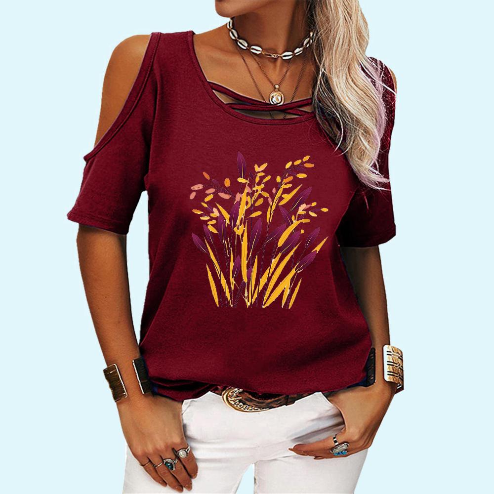 Women Fashion Round Collar Tee Shirt Summer Off Shoulder Short Sleeve Top Casual Floral Print T-shirt