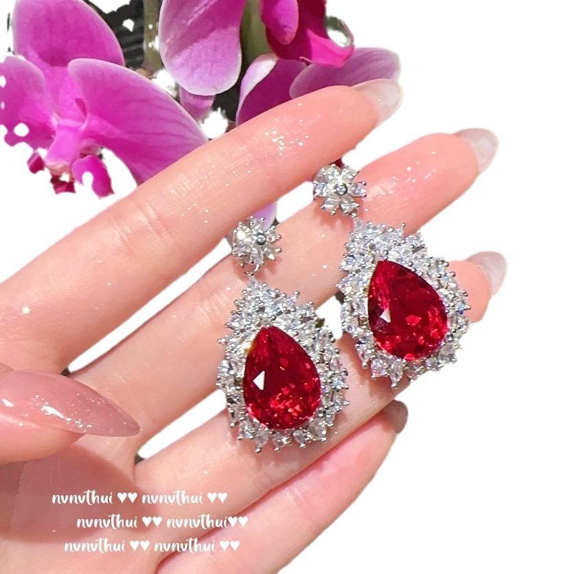 Gema Vermelha Sangue de Pombo de Mogok em Forma de Gota d'Água, Colar, Antigo, Banhado a Ouro 18K, Flor Magenta Zircônia para Senhora, Brincos