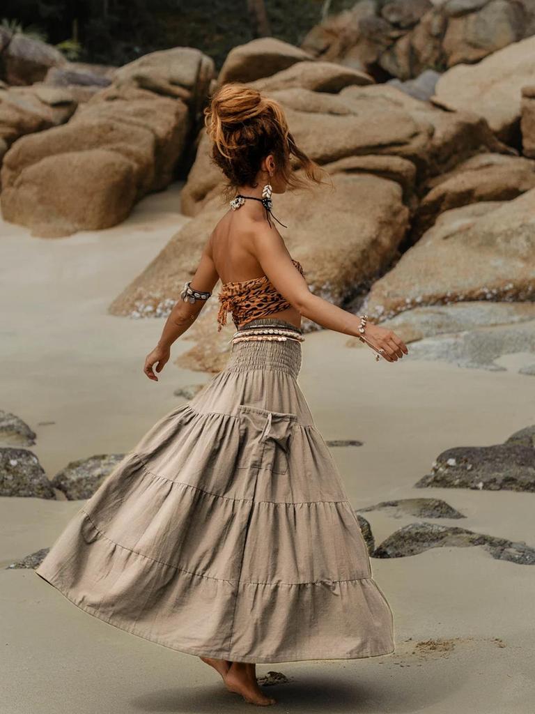 2025 Damen Böhmischer Einfarbig Langer Rock mit Taschen, Zwei-Wege Wickelstil