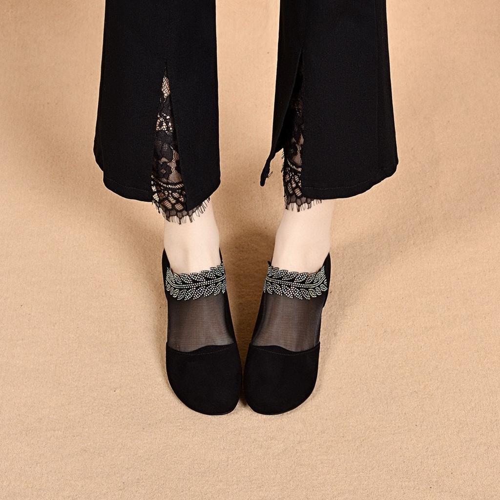 Round Head Mesh Single Shoes Women's 2025 Spring and Summer New Rhinestone Leaf Mesh Shoes Breathable Flat Shoes Rear Zipper Women's Ankle Shoes