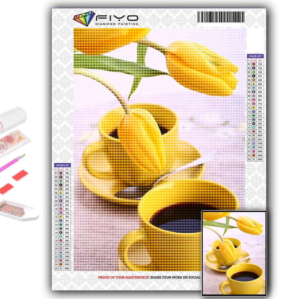 

Алмазная вышивка Тюльпаны и кофе 5D DIY Алмазная картина Вышивка крестиком Горный хрусталь Full Square 20X30CM