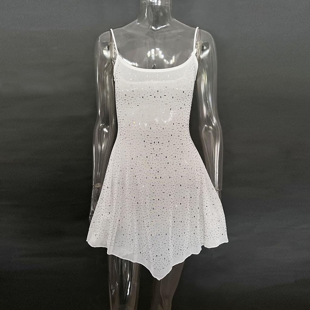 Party Rhinestone Semi Transparent Suspender Short Dress