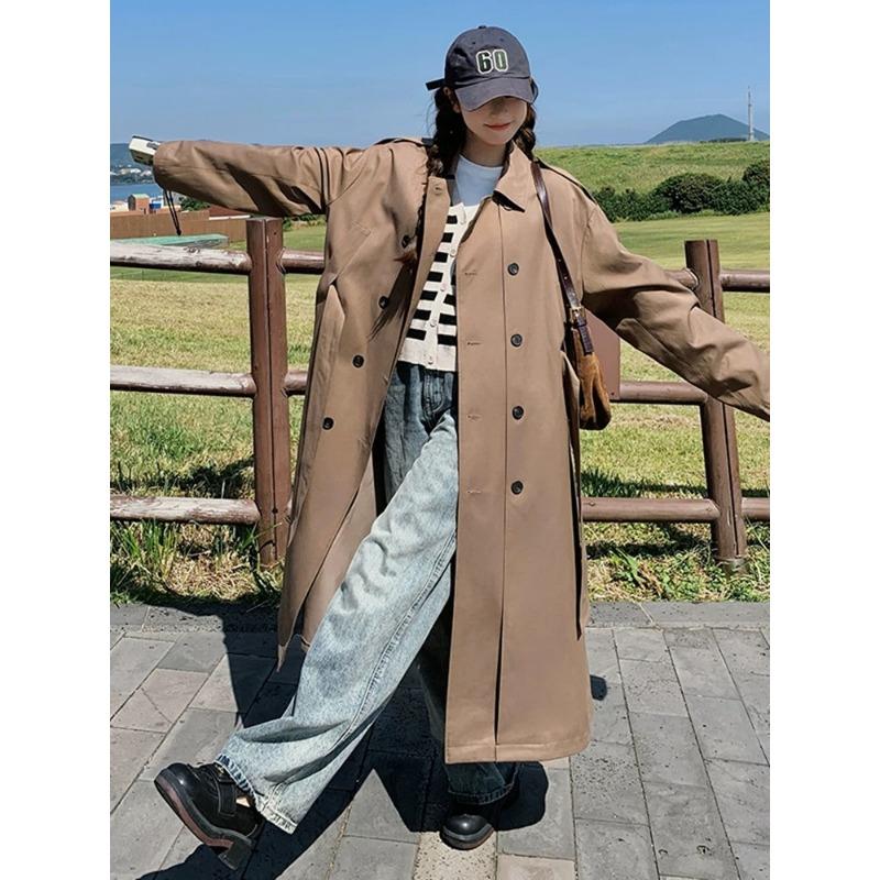 Light Brown British Style Lace-up Windbreaker Jacket for Women Spring and Autumn New Long Casual Coat