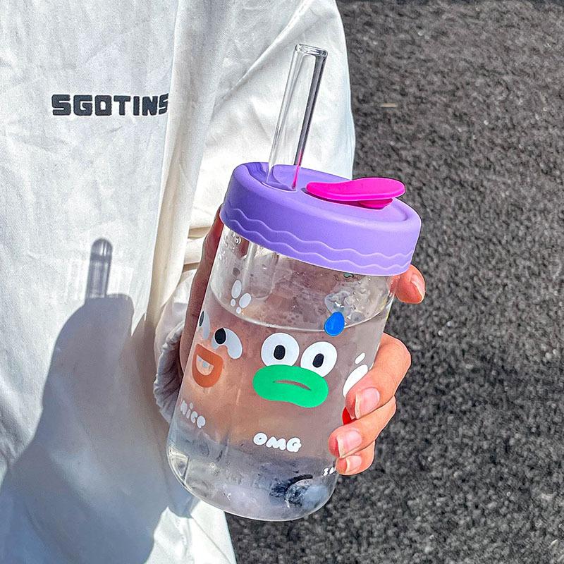 

Cute Bubble Boba Pearl Milk Tea Straw Water Bottle High Borosilicate Glass Heat-resistant Leakproof Coffee Juice Cup Drinkware 600ml фіолетовий