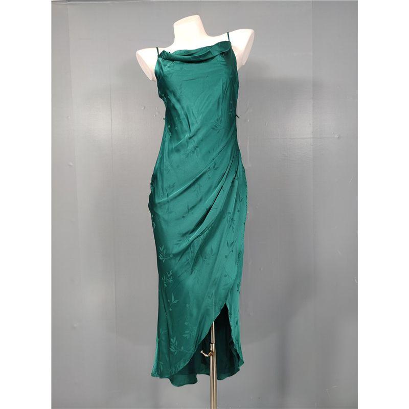 

Export single LU home sling pile collar design dark grain high texture Print Asymmetrical split mid-length skirt Dress Green L