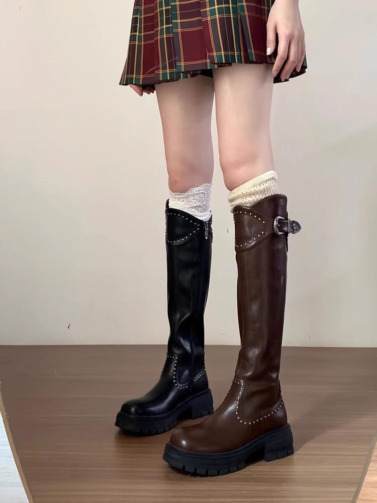 

This year s popular rivet autumn and winter knee boots women s tall western boots thick soles 35 коричневый