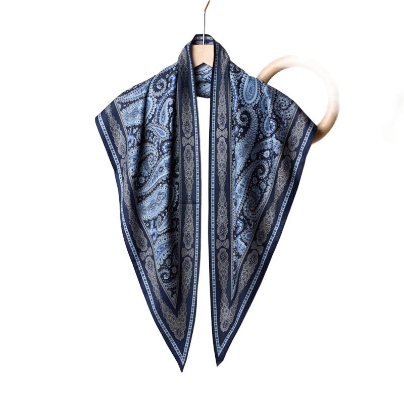 Vintage Chinese Style Floral Printed Black White Soft Imitated Silk Triangle Neck Scarf