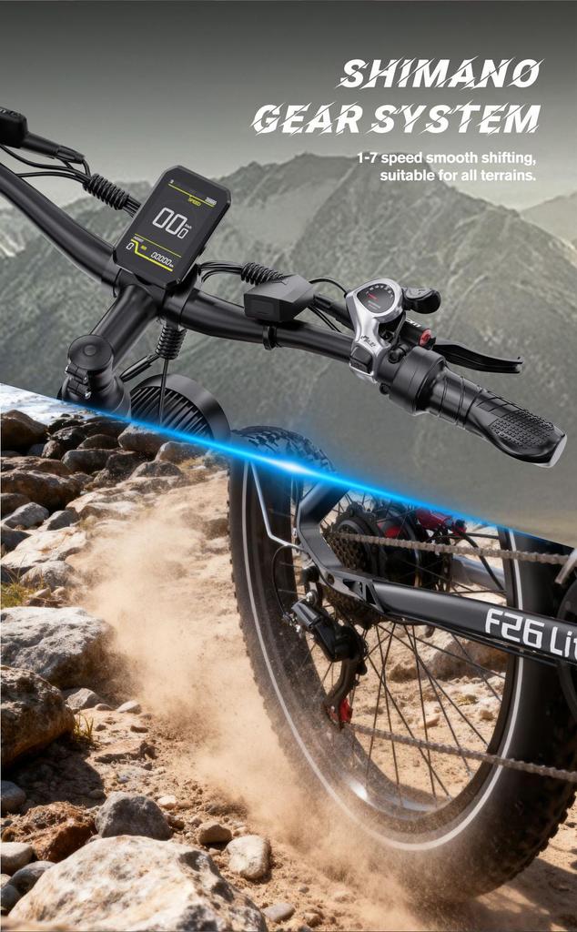 DUOTTS F26 Lite Elektrofahrrad für Erwachsene 500W Motor 48V 18Ah Akku 26*4.0 Zoll Reifen 50km/h Max. Geschwindigkeit 90km Max. Reichweite Shimano 7-Gang