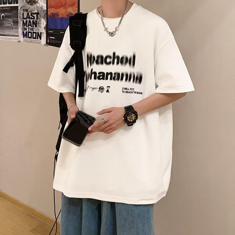 

Мужская хлопковая футболка с коротким рукавом, летняя корейская винтажная футболка, свободная мужская и женская футболка с половиной рукава, японская футболка с модным узором и принтом