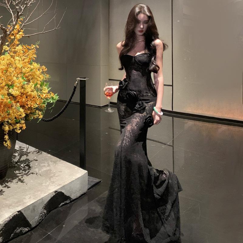 Summer Sense Pure Desire Three-dimensional Flower Tube Top Slim Fit Hip Wrap Fishtail Dress Birthday Dress Skirt