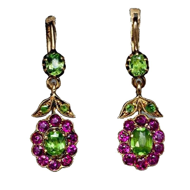 Pretty Gold Color Leaf Inlaid with Green Stone Hanging Flowers Drop Earrings New Women's Jewelry Accessories