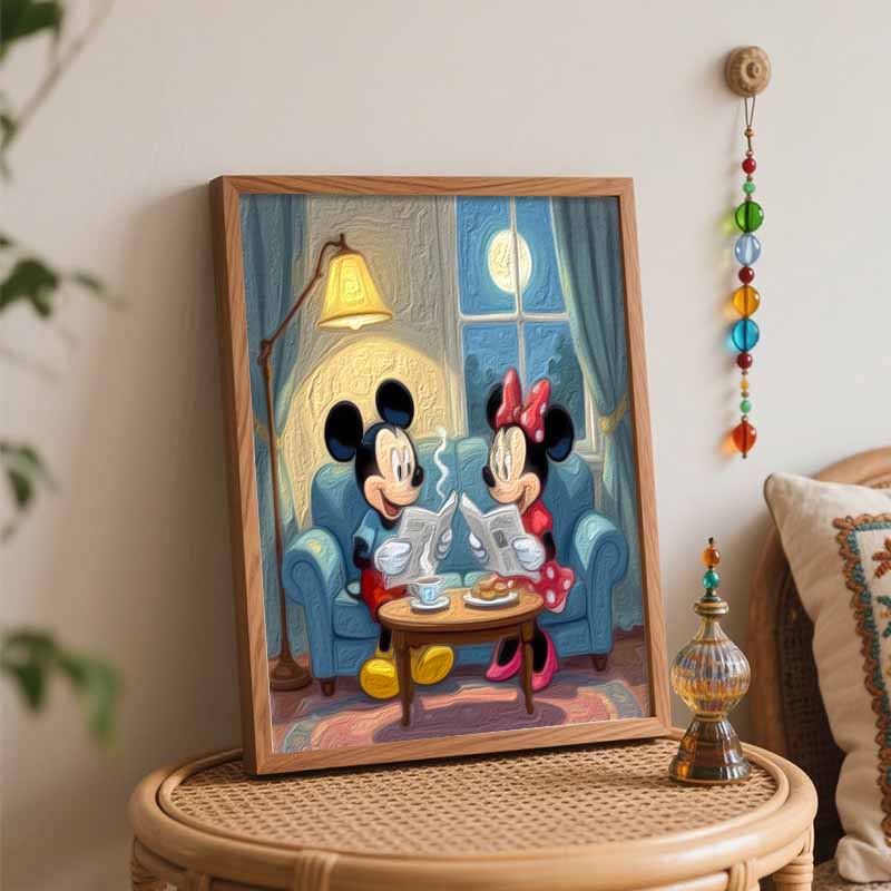 Disney Mickey Minnie Reading Oil Paint Art Painting Kit Home Wall Decor Handmade Gift Relaxing Time Cozy Lounge Room Modern Art Decor