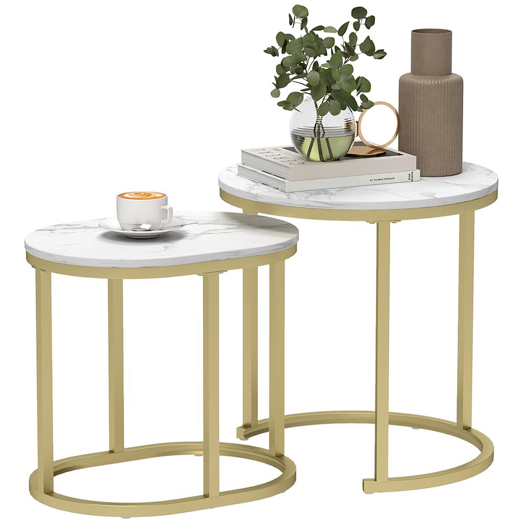 Tischset mit Stahlrahmen und Tischplatte aus Kunstmarmor, Modernes Kaffeetisch-Set aus 2 Teilen, Goldfarben/Weiß