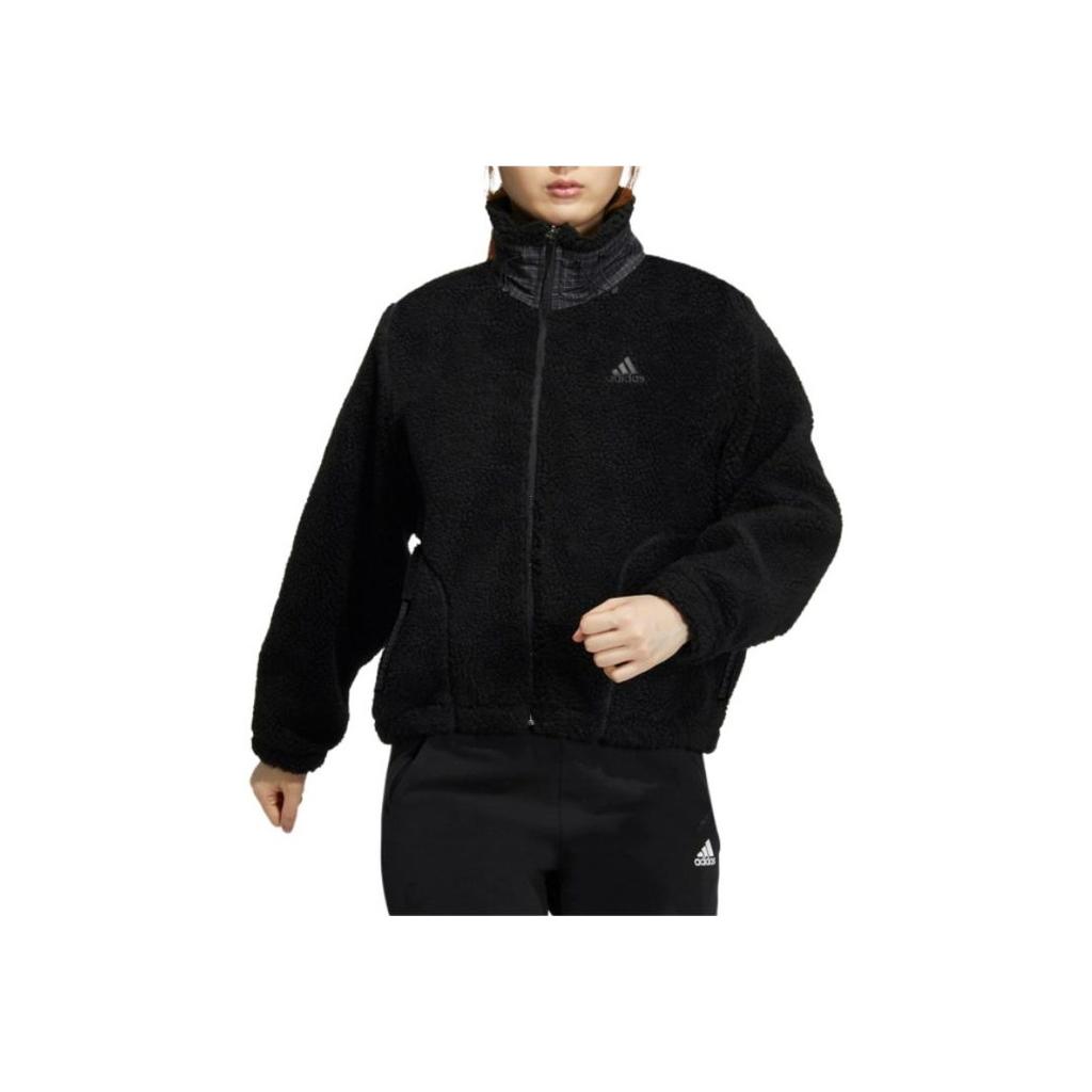 Adidas Logo Fleece-Lined Warm Long Sleeve Jacket Women Outerwear Black HM7096