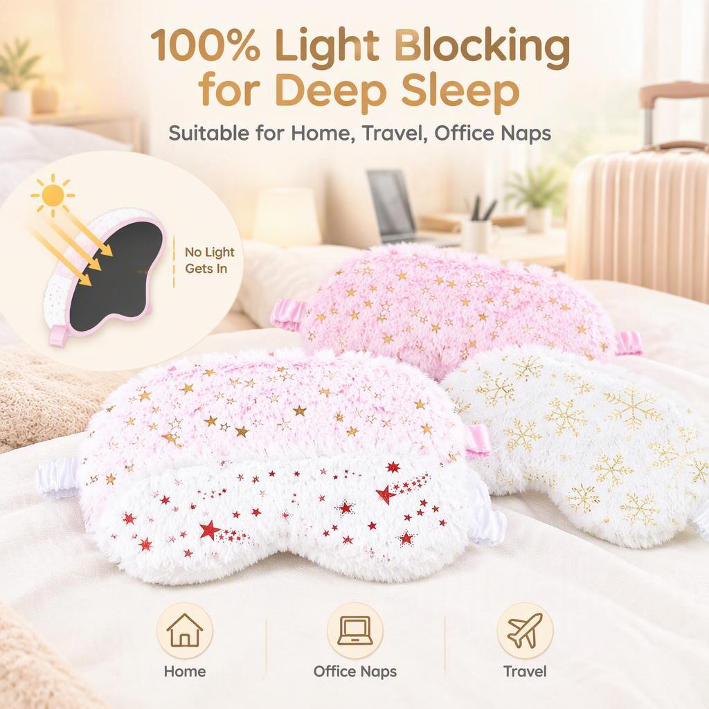 Cute Star Plush Sleep Eye Mask, Embroidered Fluffy Light Blocking Portable Eye Cover for Girls Nap Travel
