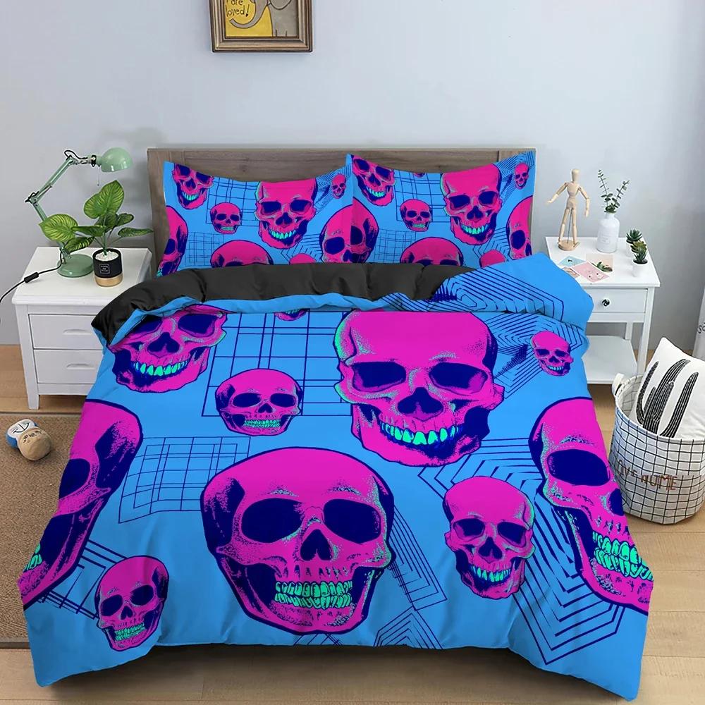 Heißer Stil Weiches Bettwäsche-Set 3D Digital Schädel Druck 2/3-teiliges Bettbezug-Set mit Reißverschluss Einzelbett Twin Doppelbett Full Queen King