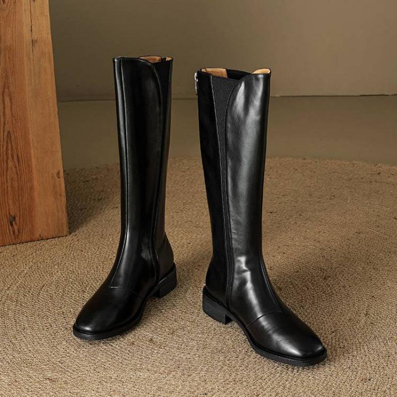 New Medium Heel Large Size Women's Boots Solid Color Rear Zipper Square Heel Comfortable Leather Fashion Boots Square Head Cowhide High Boots