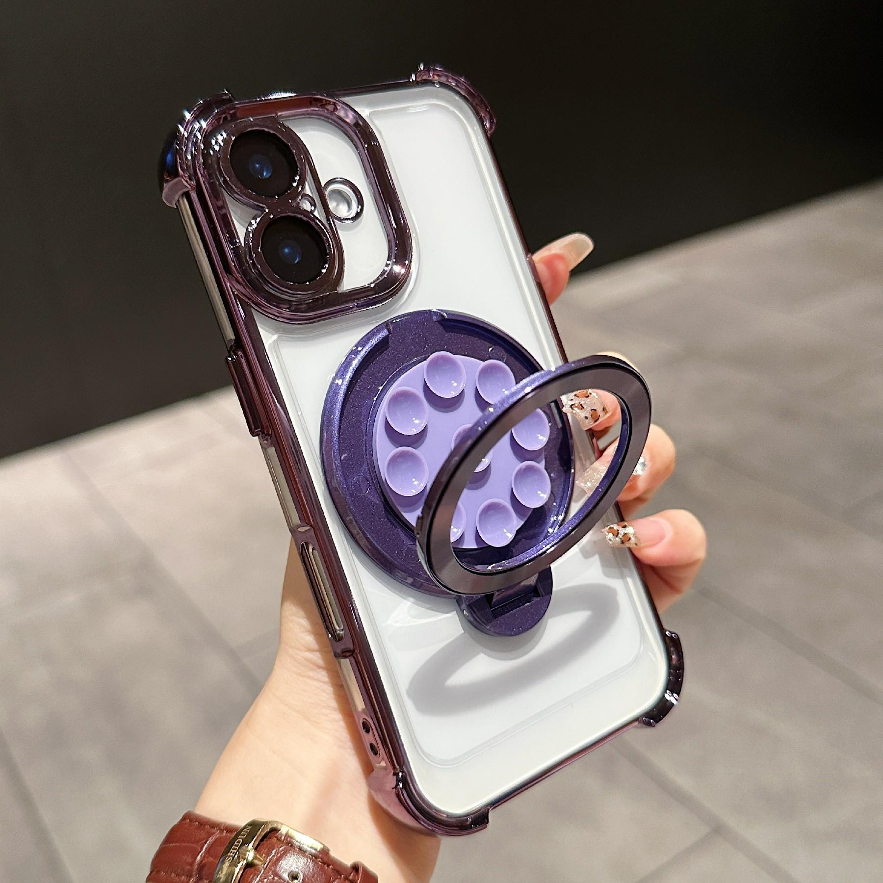 

For iPhone 16 Magnetic Case Suction Cup Kickstand PC Phone Cover with Four Corner Airbag Purple