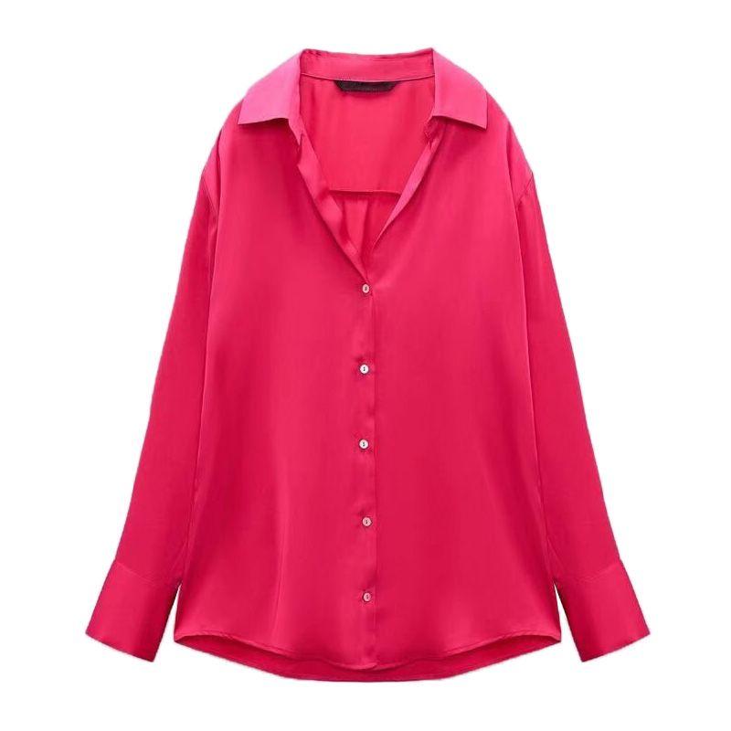 Spring New Style White Tops Lapel Loose Long Sleeves Classic Silk Satin Textured Shirt for Women 7969046