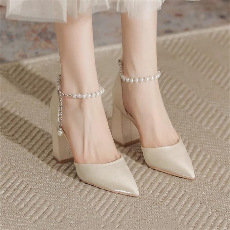 Thick Heel Pointed Hollow Pearl One-word Buckle High Heels High Heels Wedding Shoes Versatile Small Size Shallow Mouth Single Shoes Bridesmaid Shoes