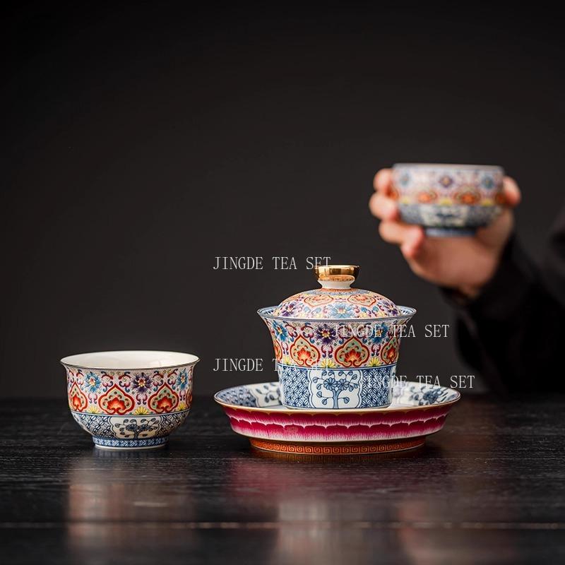 Enamel Colored Sancai Covered Bowl High End Ceramic Kung Fu Tea Set for Household Use Tea Bowl Palace Style Tea Set Accessories