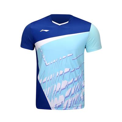 Li Ning Pull Col V Manches Courtes Imprimé All Over Épissé T-shirt de Badminton Unisexe Hauts Bleu Foncé AAYU147-3