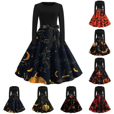 Halloween Print Flare Dress For Women Long Sleeve Dress Hollow Party Casual Round Neck Dresses