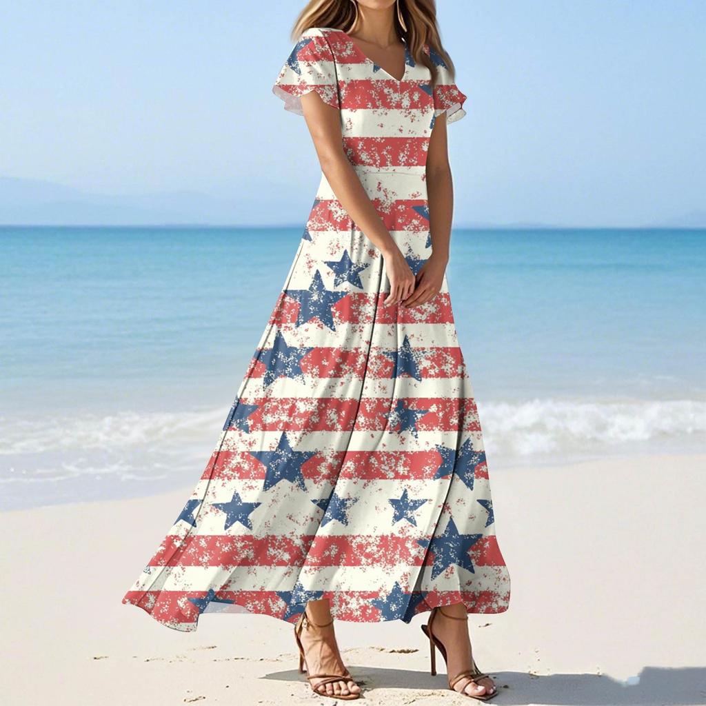 Damen Sommer Casual Fashion Print Farbe Kleider V-Ausschnitt Kurzarm Kleider