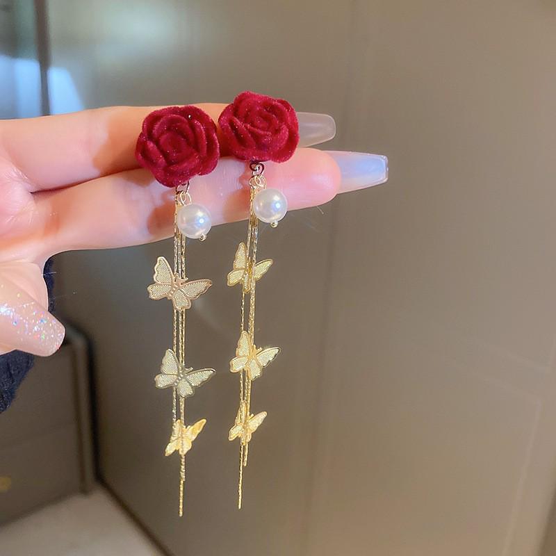 

Серьги с бантом из красного бархата и жемчугом Серебряная игла Анкола - Ретро Высококлассные Осенне-зимние Украшения