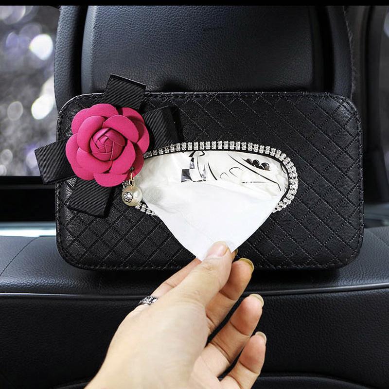 High Quality Leather Pearl Flower Car Tissue Box For Armrest Paper Holder Hanging for Auto Back Seat Headrest Organizer Storage
