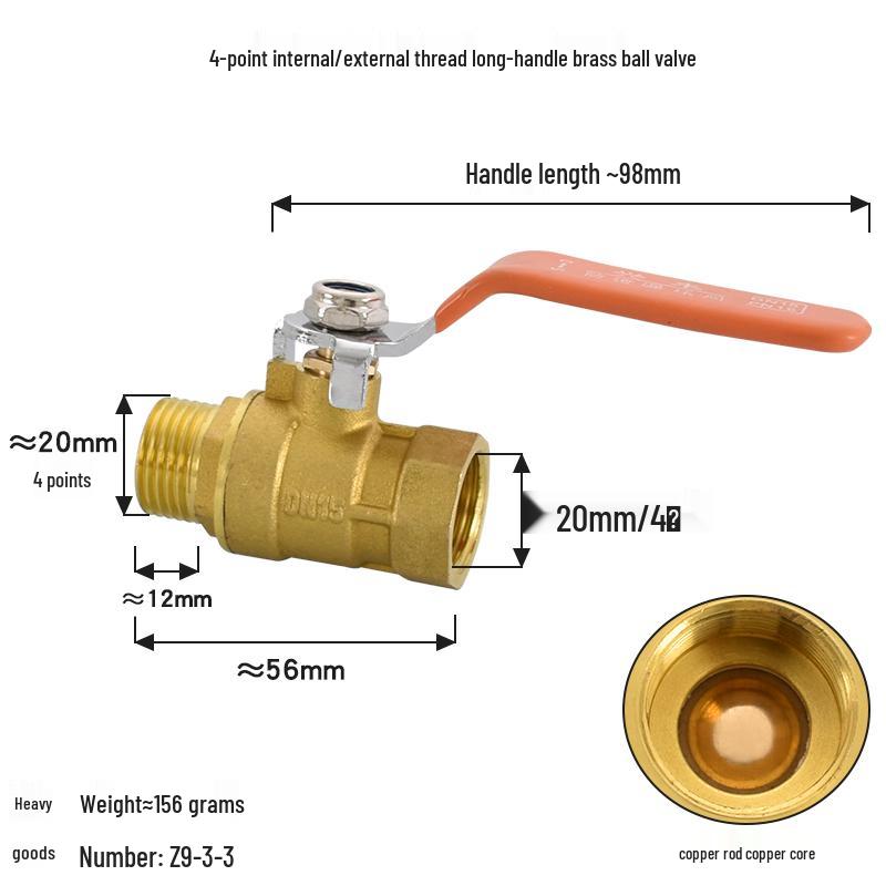 Brass Ball Valve with Copper Core: Male/Female, Double Female, 1/2", 3/4", 1" Sizes, for Water and Gas Pipes.