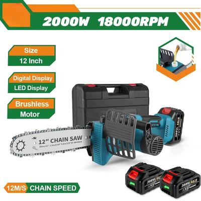 12 Inch Brushless Electric Saw with Oiler Cordless Portable Garden Cutting Tool Machine LED Digital Display High Battery Capacity Wood Saw
