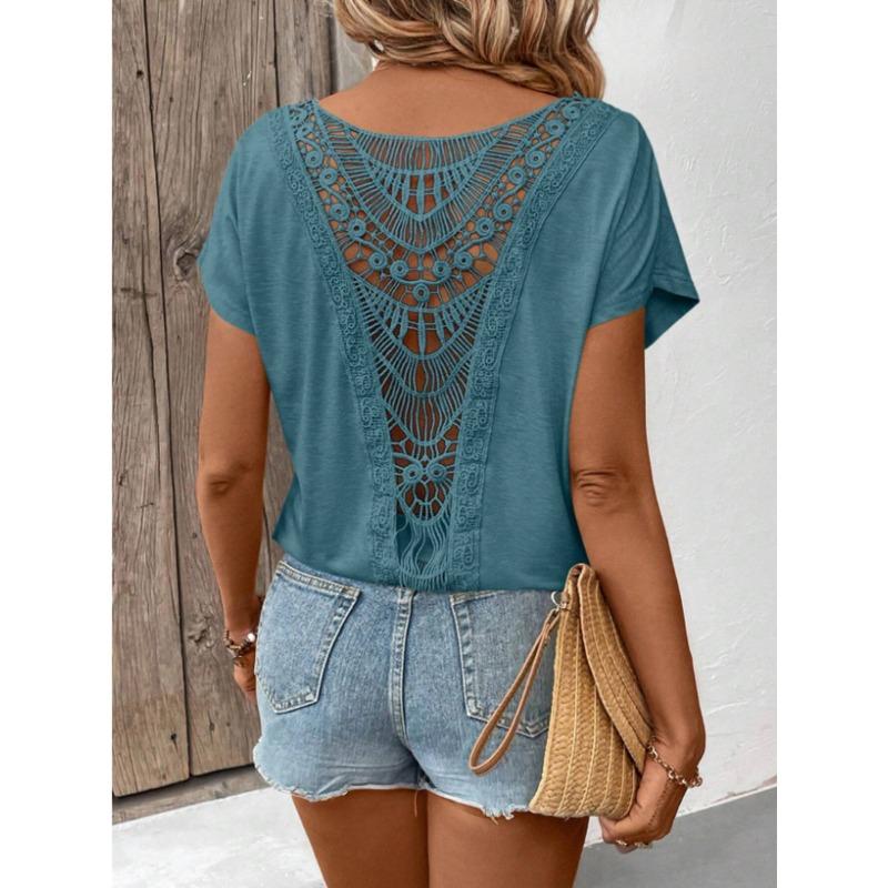 

Summer Back Lace Splicing Short Sleeved T-shirt O Neck Loose Office Blouse Women Sweet Hollow Out Solid Color Tops Female Elegant Simple Shirts XS зелений