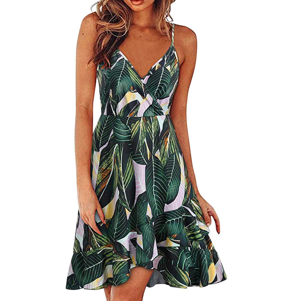 Women Casual Print V-Neck Sleeveless Sling Dress