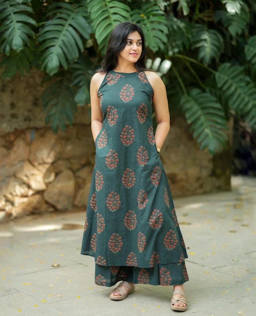 Dámský partyový designový set Kurta a kalhoty Indická Bollywoodová tunika Kurti Bavlna s potiskem