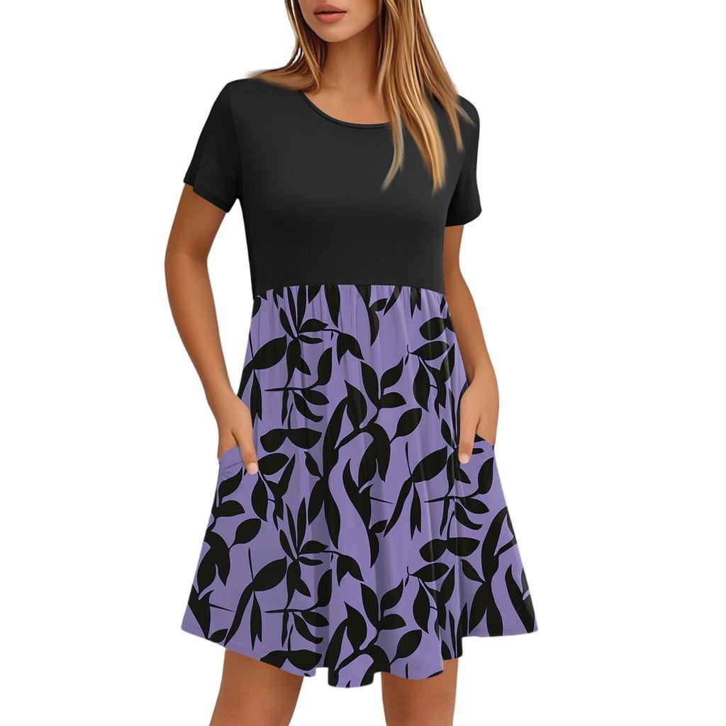 Women's Fashion Casual Loose Round Neck Short Sleeve Printed Pocket Dresses