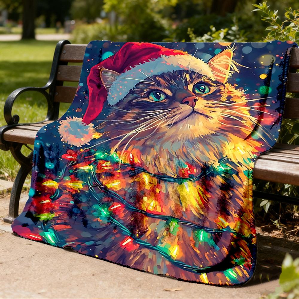 1pc Christmas Cat Outdoor Soft Polyester Flannel Throw Blanket Versatile for All Seasons , Soft , Cozy , Warm All Season Quilted Throw ,