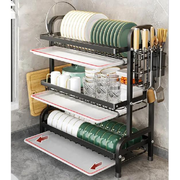 Dish Rack, Three-Tier Space-Saving Kitchen Countertop Utensil Holder, Large Capacity Dish Drainer, Suitable for Tableware