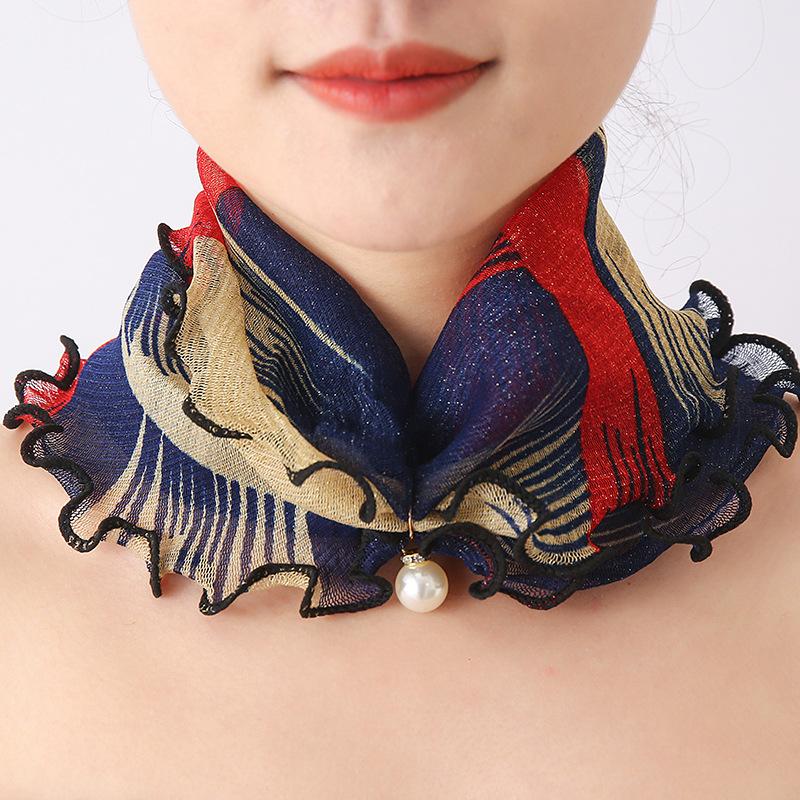 Fashion Printed Gauze Scarf Pearl Pendant Scarf Spring Lightweight Muffler Women Decorative Small Silk Scarf Headband