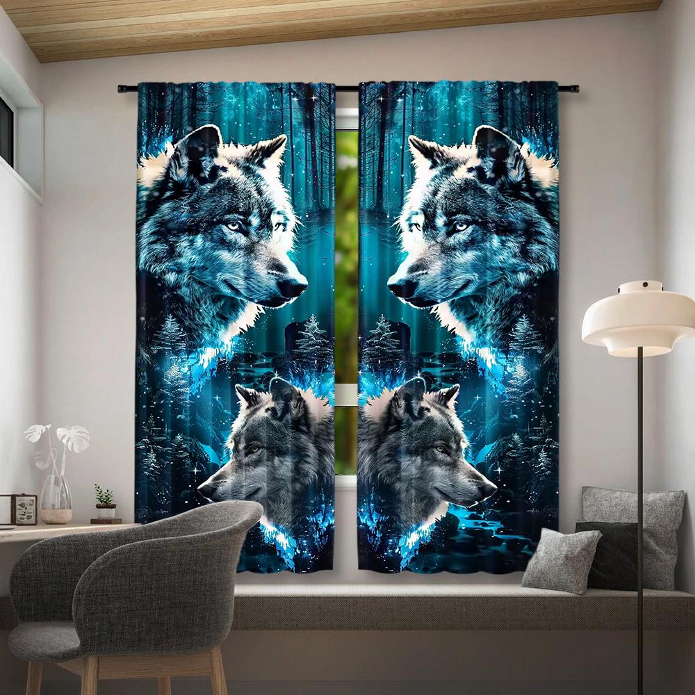 2 pieces of Snow Wolf King printed curtains, pole bag curtains, home decoration, room decoration