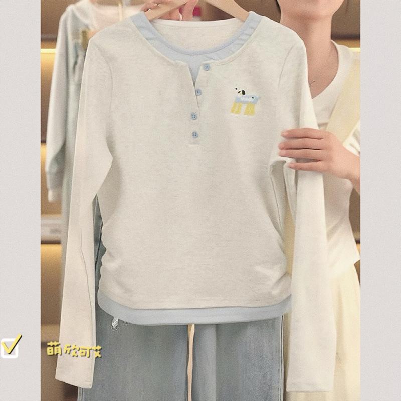 Girls Faux Two Piece Long Sleeve T Shirt Spring Autumn Casual Round Neck Top For Big Kids Students
