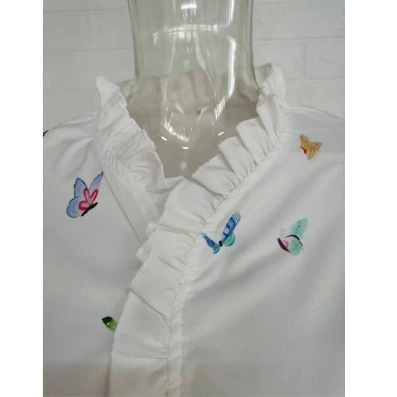 2026 Spring Elegant Long Sleeve Spliced Lace Blouse Women Sweet Print Ruffled Collar Tops White Shirt Loose Clothes 30642