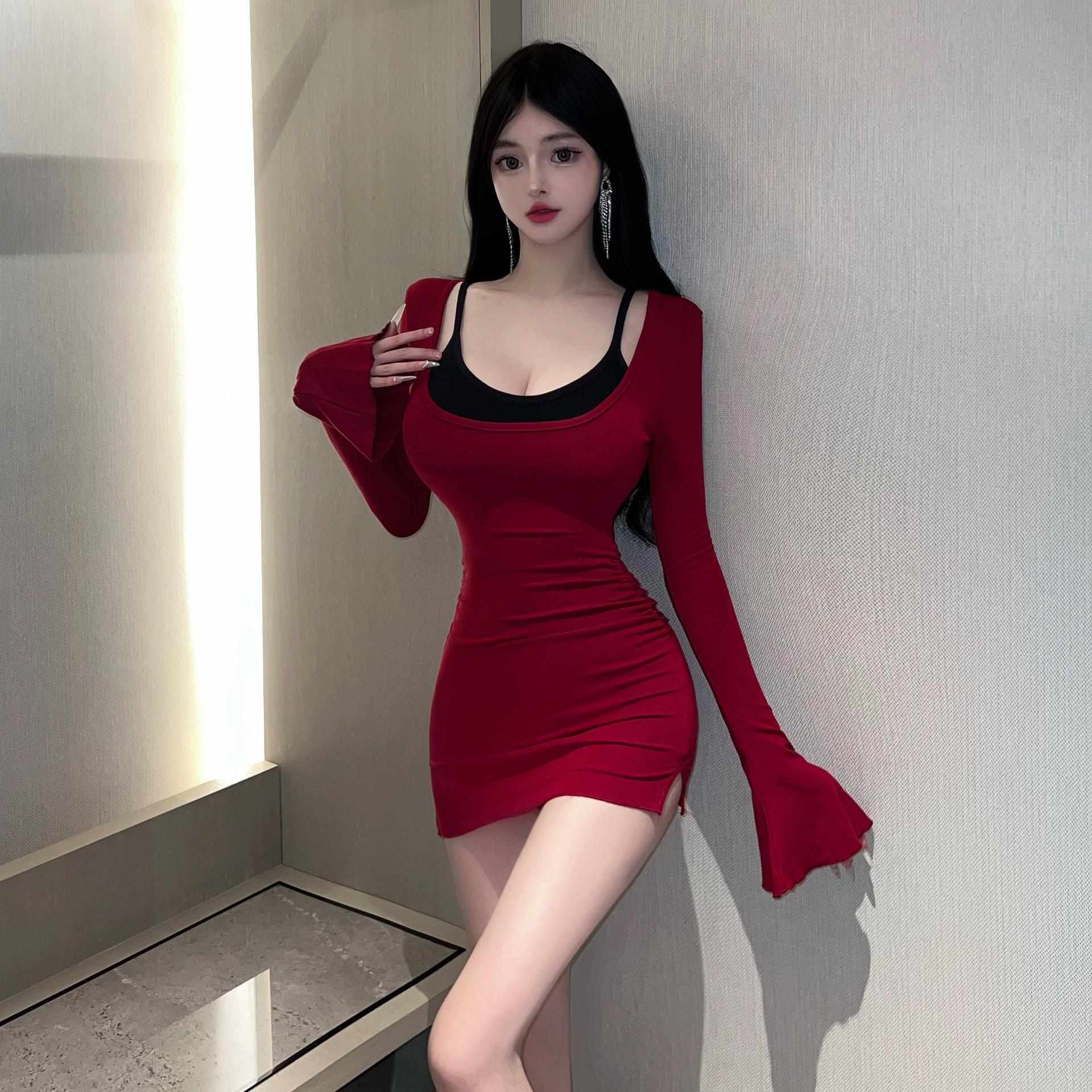 

Red long-sleeved t-shirt dress women s spring and autumn high-end sexy temperament waist tight hip-wrapped short skirt S